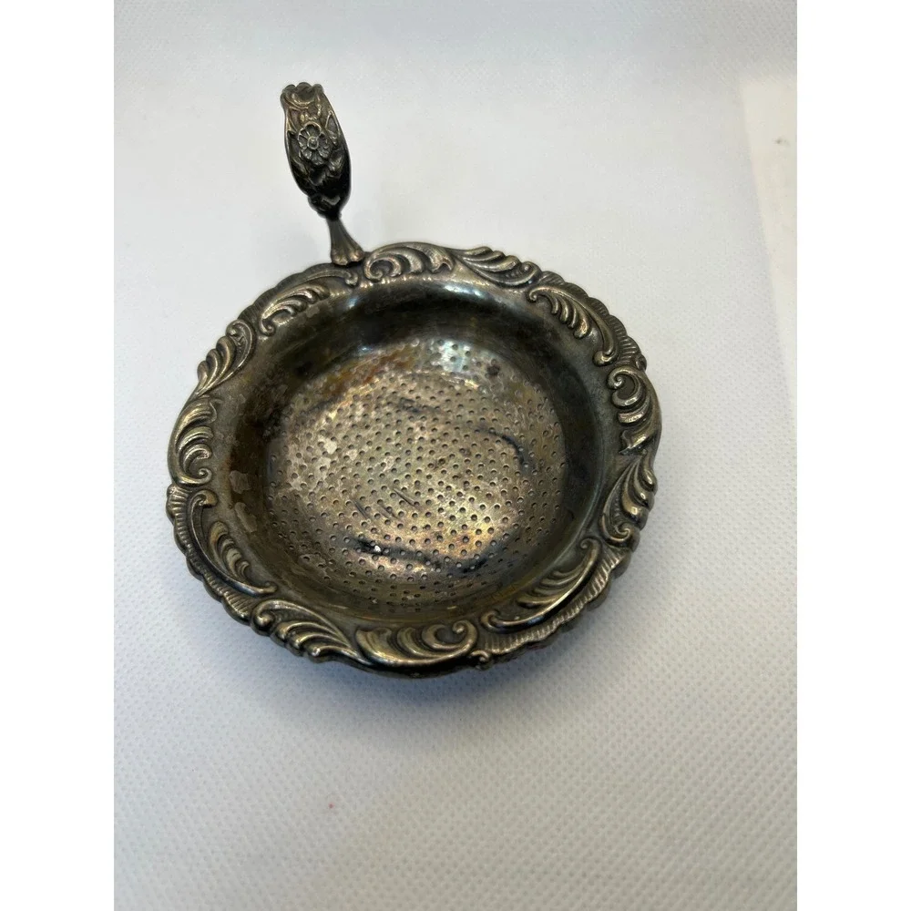 Vintage Van Nelle‎ Silverplate Tea Strainer Ornate Floral Handle Pleet